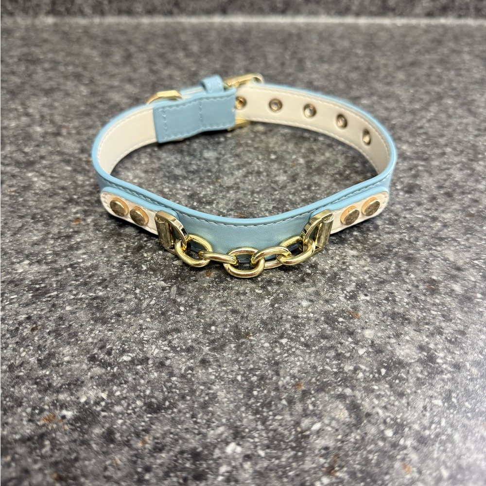 Blue White With Gold Hardware Accent Fashion Faux Leather Adjustable Dog Collar